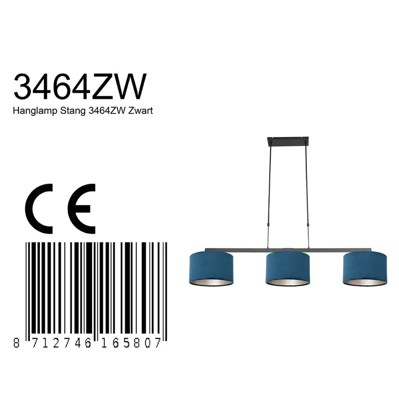 Foto 8 Hanglamp Stang 3464ZW Zwart + Kap Velours Blauw Stang 3464ZW