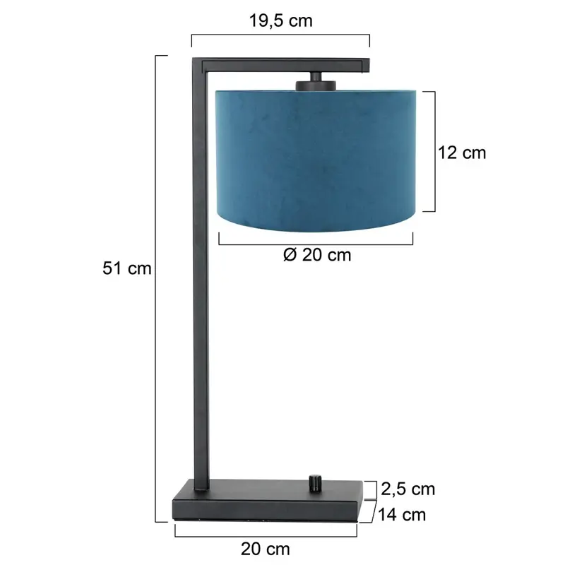 Foto 5 Tafellamp Stang 7124ZW Zwart +Kap Velours Blauw Stang 7124ZW