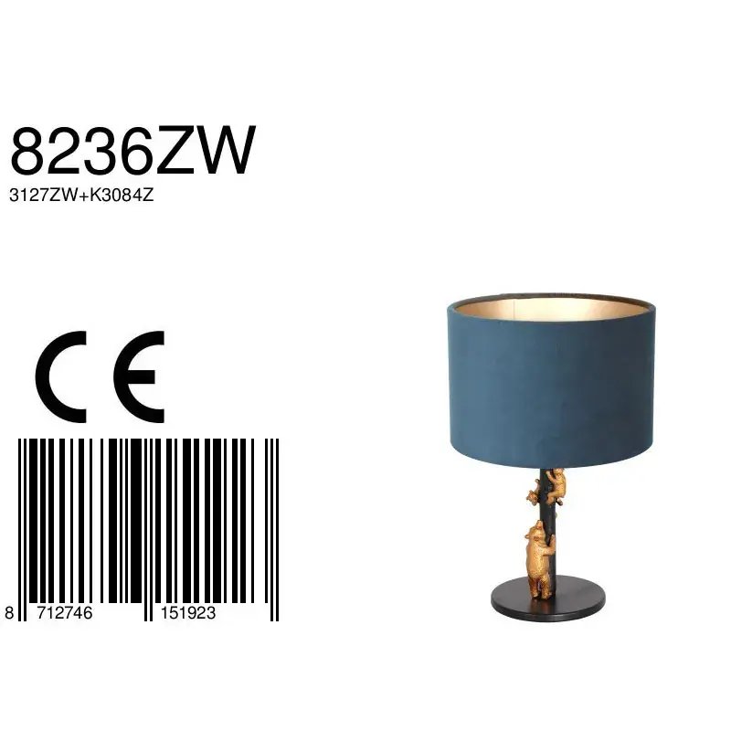 Foto 7 Tafellamp Animaux 3127ZW+K3084Z Zwart-Fluweel Blauw Animaux 8236ZW