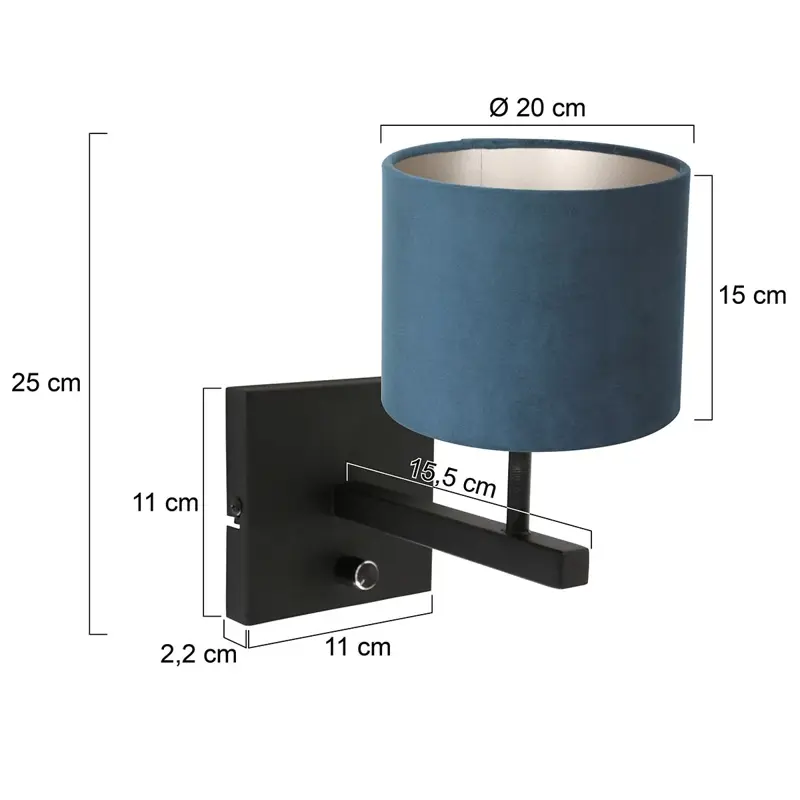 Foto 5 Wandlamp Stang 8251ZW Zwart + Kap Velours Blauw Stang 8251ZW