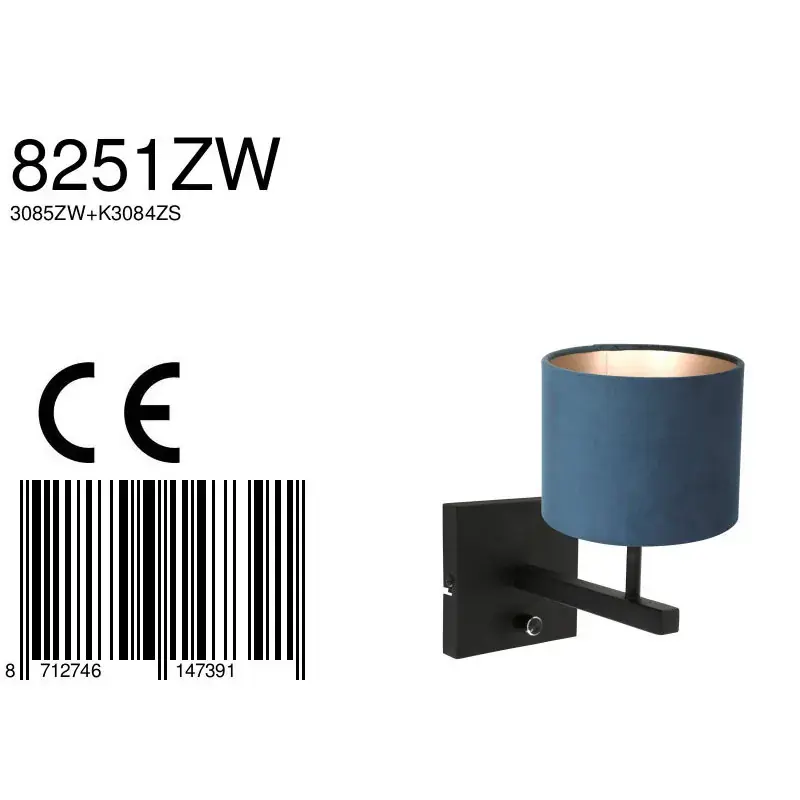 Foto 6 Wandlamp Stang 8251ZW Zwart + Kap Velours Blauw Stang 8251ZW