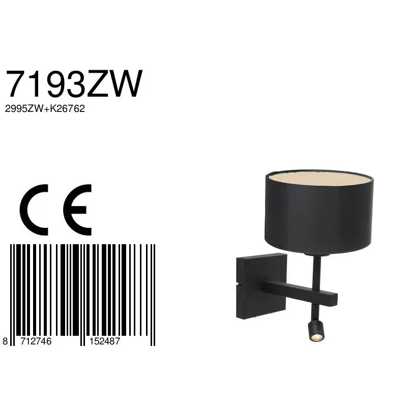 Foto 6 Wandlamp Stang 7193ZW Zwart + Kap Zwart Linnen Stang 7193ZW