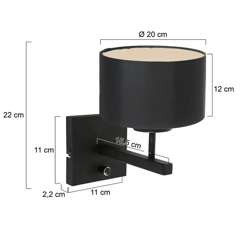Foto 5 Wandlamp Stang 7200ZW Zwart + Kap Zwart Linnen Stang 7200ZW