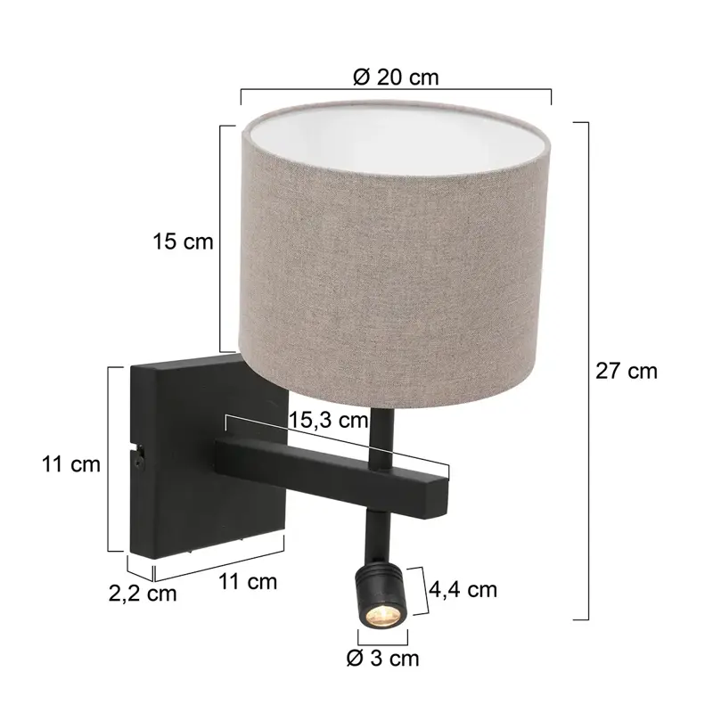 Foto 5 Wandlamp Stang 8203ZW Zwart + Kap Grijs Linnen Stang 8203ZW