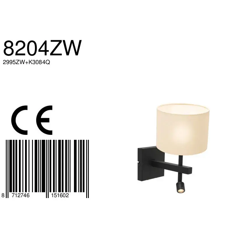 Foto 6 Wandlamp Stang 8204ZW Zwart + Kap Wit Linnen Stang 8204ZW
