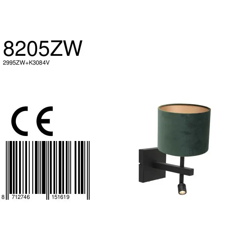 Foto 6 Wandlamp Stang 8205ZW Zwart + Kap Velours Groen Stang 8205ZW