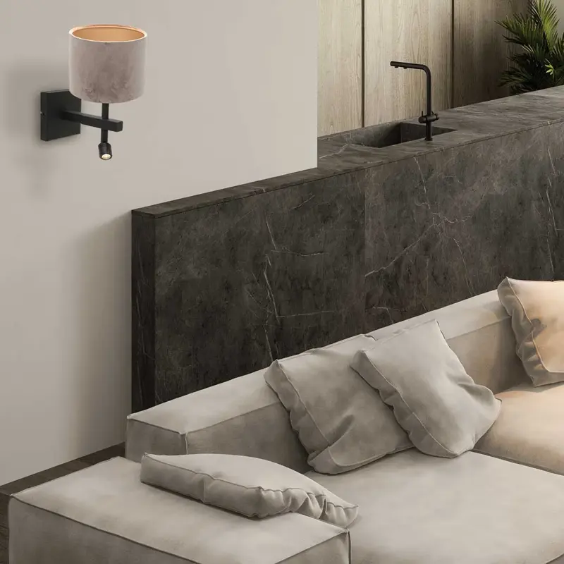 Foto 2 Wandlamp Stang 8206ZW Zwart + Kap Velours Zilver Stang 8206ZW