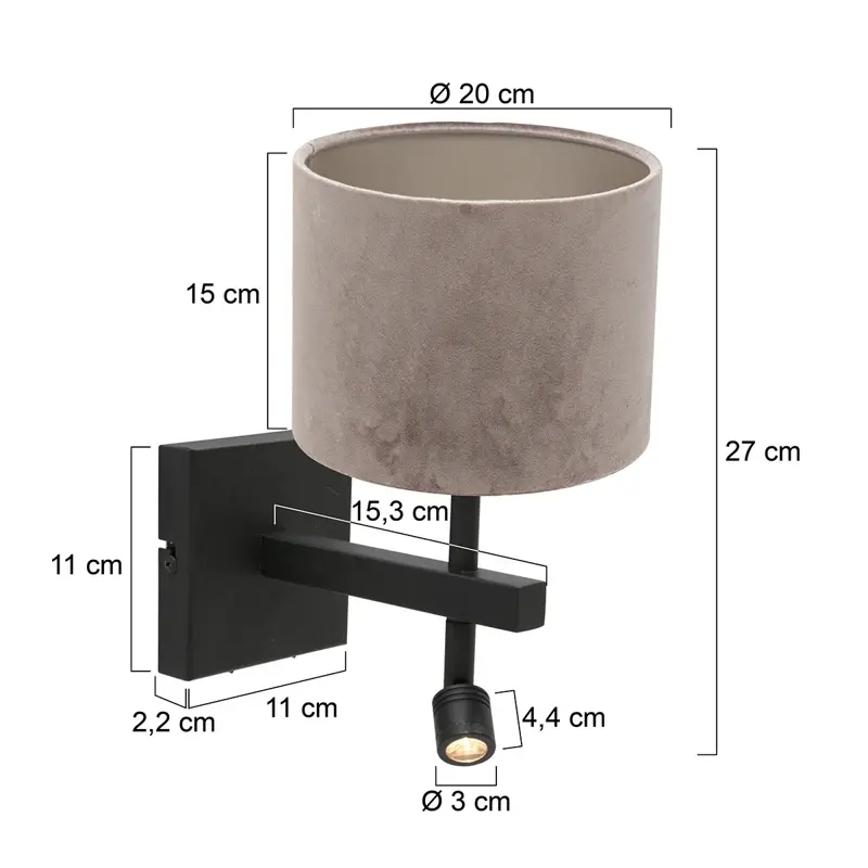 Foto 6 Wandlamp Stang 8206ZW Zwart + Kap Velours Zilver Stang 8206ZW