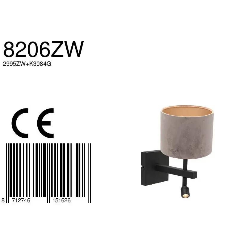 Foto 7 Wandlamp Stang 8206ZW Zwart + Kap Velours Zilver Stang 8206ZW