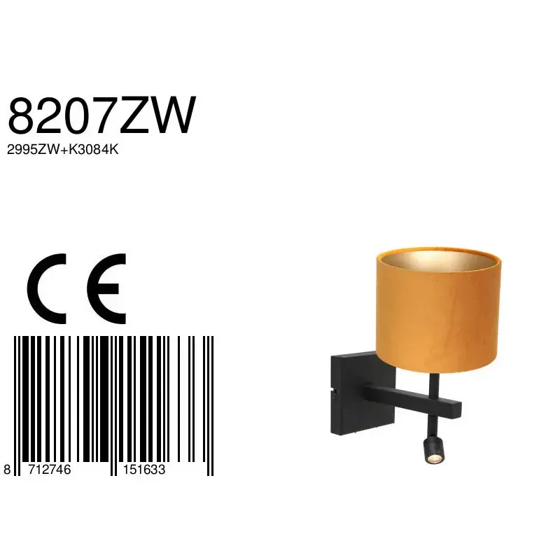 Foto 6 Wandlamp Stang 8207ZW Zwart + Kap Velours Goud Stang 8207ZW