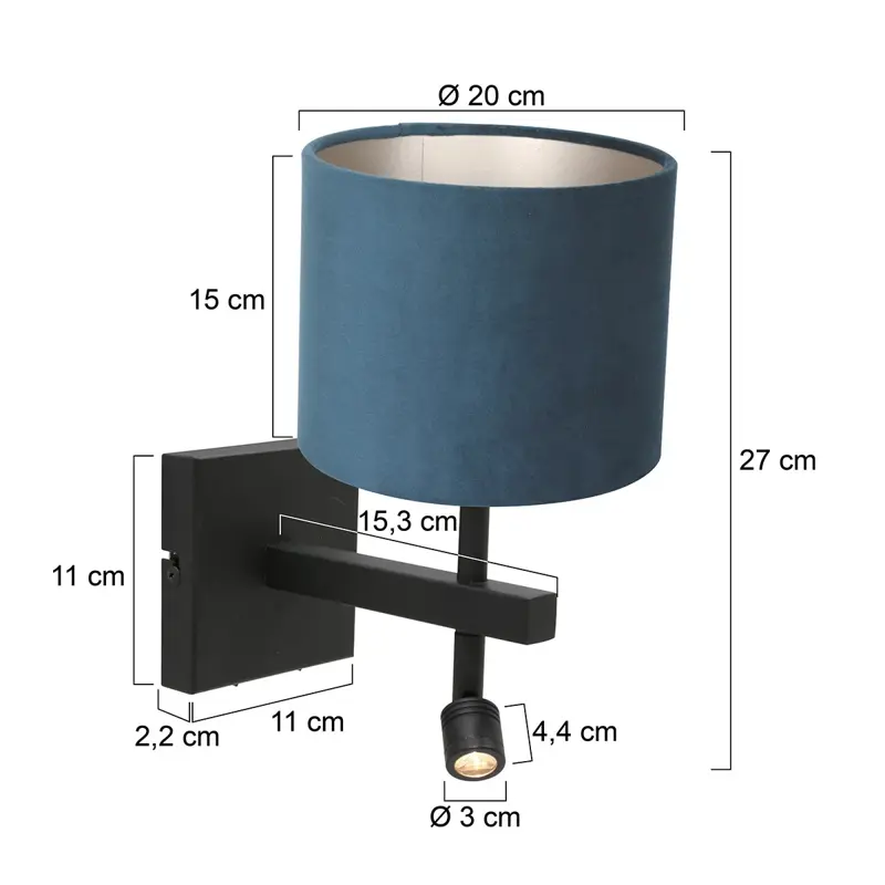 Foto 5 Wandlamp Stang 8208ZW Zwart + Kap Velours Blauw Stang 8208ZW