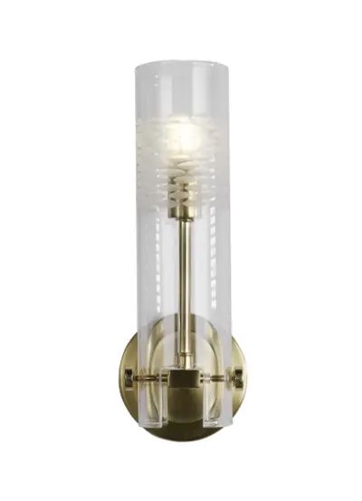 Foto van Scope Bathroom Wall Light - Satin Brass & Clear Etched Glass