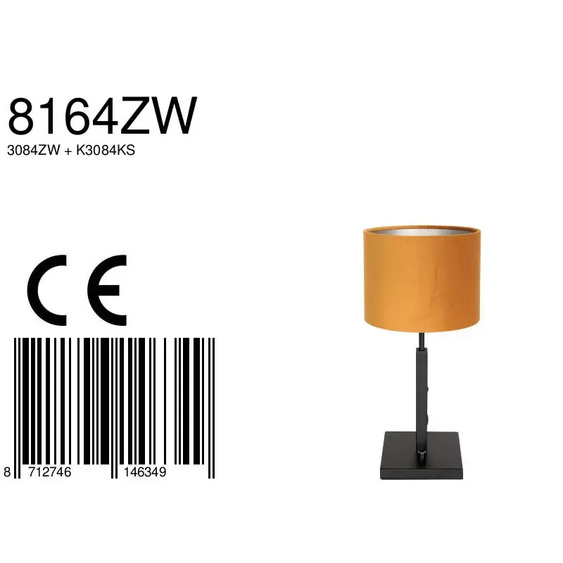 Foto 6 Tafellamp Stang 8164ZW Zwart + Velours Gouden kap Stang 8164ZW