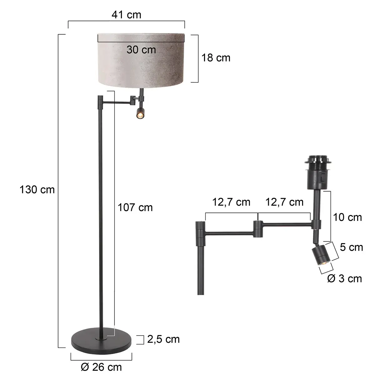 Foto 5 Vloerlamp Stang 7190ZW Zwart + Kap Velours Zilver Stang 7190ZW
