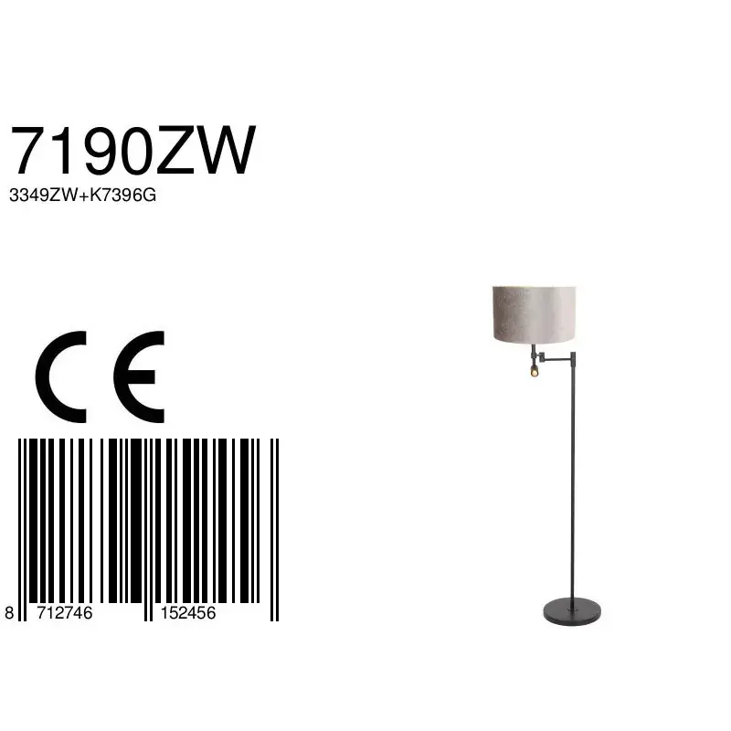 Foto 6 Vloerlamp Stang 7190ZW Zwart + Kap Velours Zilver Stang 7190ZW