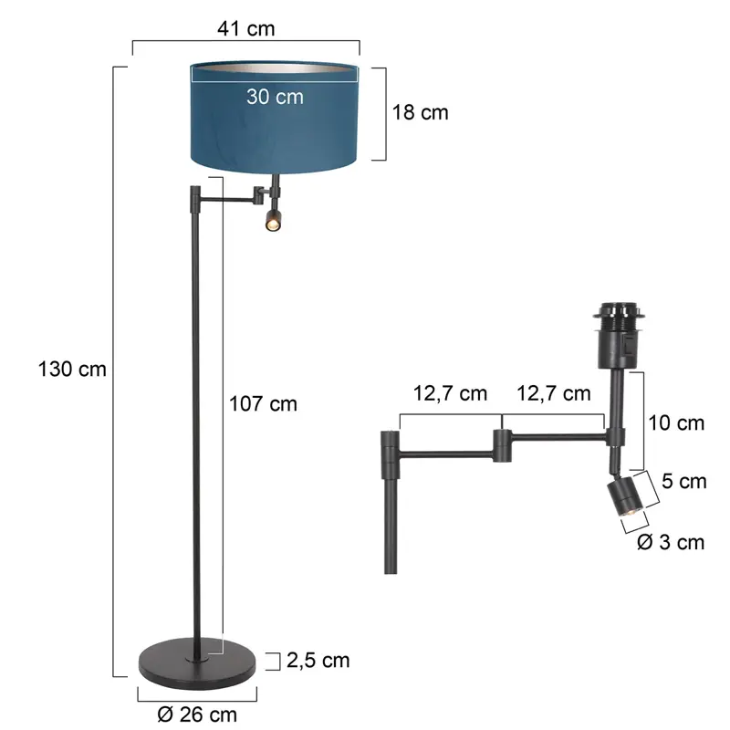 Foto 5 Vloerlamp Stang 7192ZW Zwart + Kap Velours Blauw Stang 7192ZW