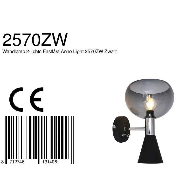 Foto 7 Wandlamp 2-lichts Fastlåst Anne Light 2570ZW Zwart Fastlåst 2570ZW