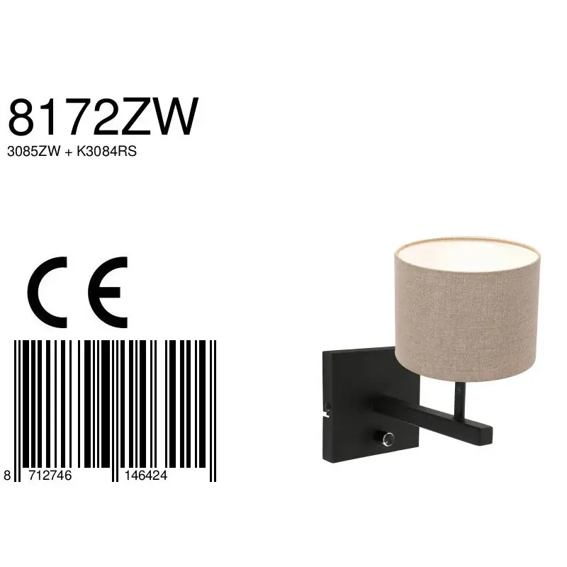 Foto 6 Wandlamp Stang 8172 Zwart + Kap Grijs Linnen Stang 8172ZW