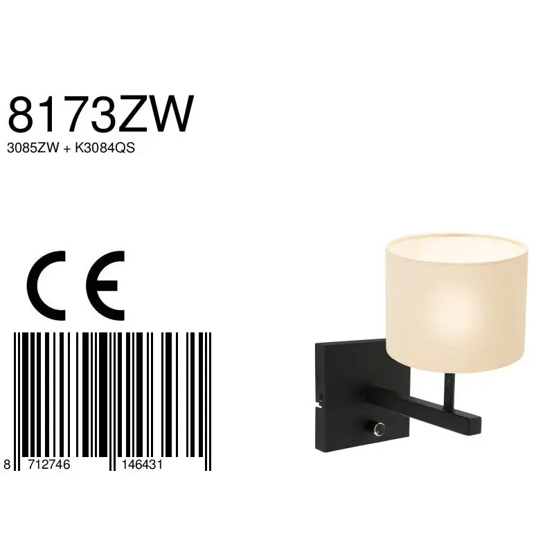 Foto 6 Wandlamp Stang 8173ZW Zwart + Kap Wit Linnen Stang 8173ZW