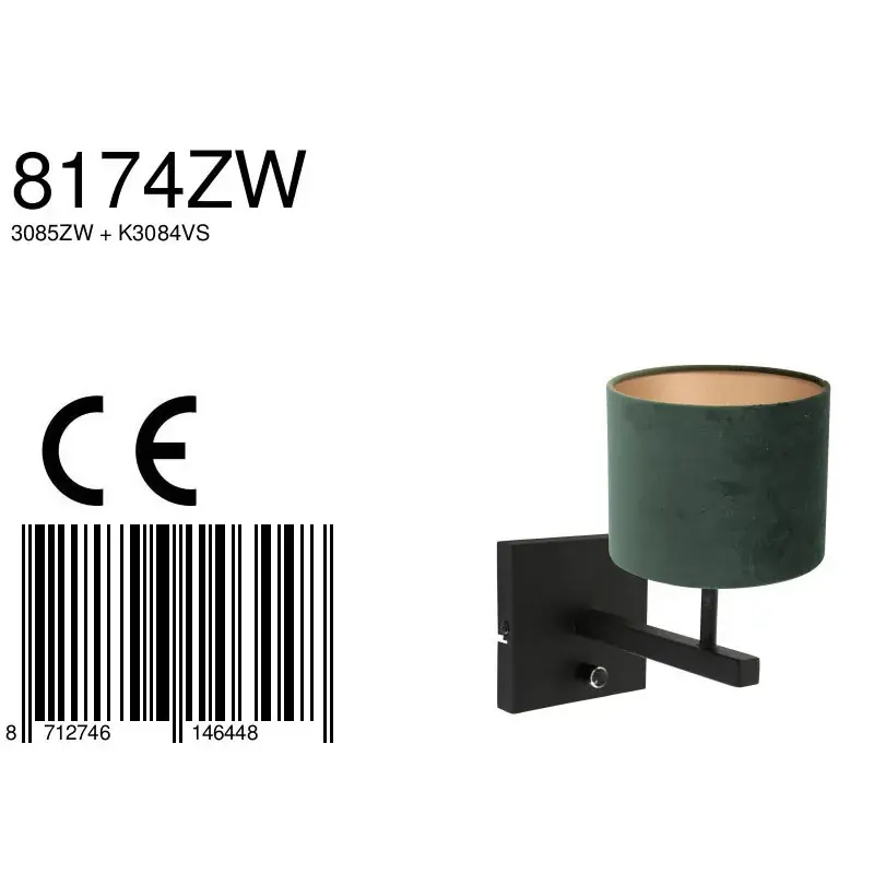 Foto 6 Wandlamp Stang 8174ZW Zwart + Kap Velours Groen Stang 8174ZW