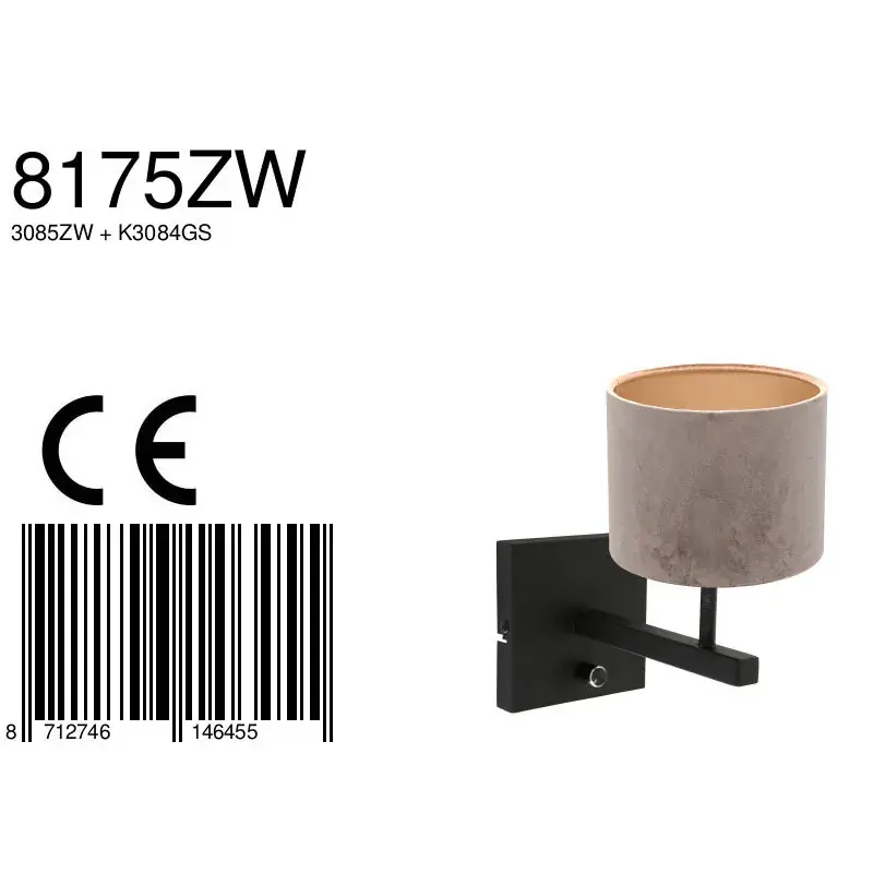 Foto 6 Wandlamp Stang 8175ZW Zwart + Kap Velours Zilver Stang 8175ZW