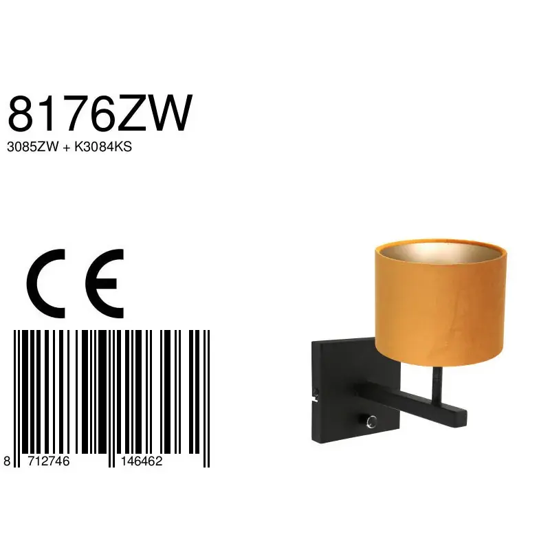 Foto 7 Wandlamp Stang 8176ZW Zwart + Kap Velours Goud Stang 8176ZW