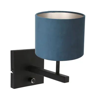 Foto van Wandlamp Stang 8251ZW Zwart + Kap Velours Blauw Stang 8251ZW
