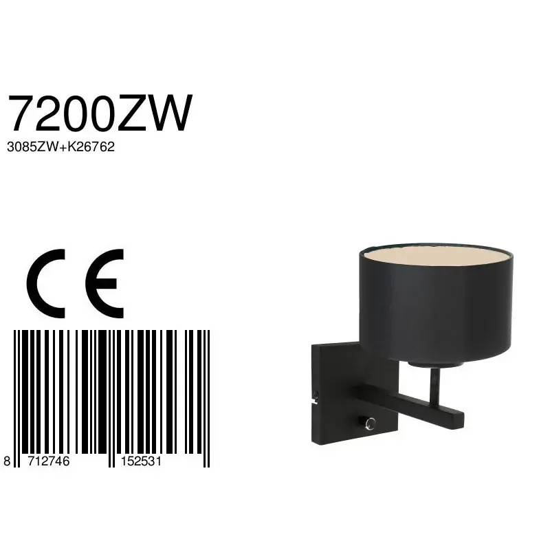 Foto 6 Wandlamp Stang 7200ZW Zwart + Kap Zwart Linnen Stang 7200ZW