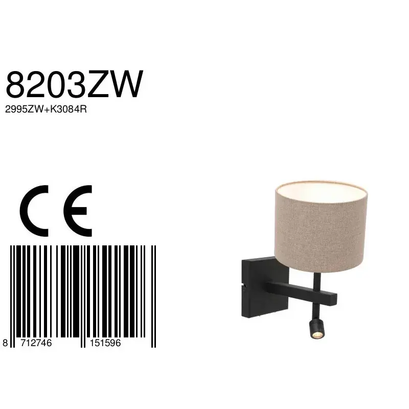 Foto 6 Wandlamp Stang 8203ZW Zwart + Kap Grijs Linnen Stang 8203ZW
