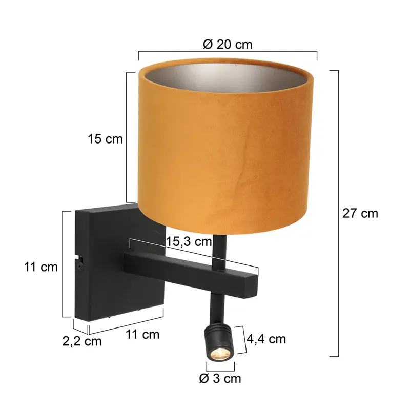 Foto 5 Wandlamp Stang 8207ZW Zwart + Kap Velours Goud Stang 8207ZW