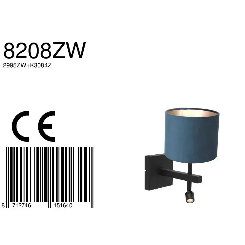 Foto 6 Wandlamp Stang 8208ZW Zwart + Kap Velours Blauw Stang 8208ZW