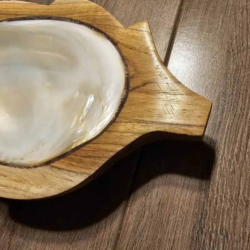 Foto 3 bakje hout met schelp ingelegd klein