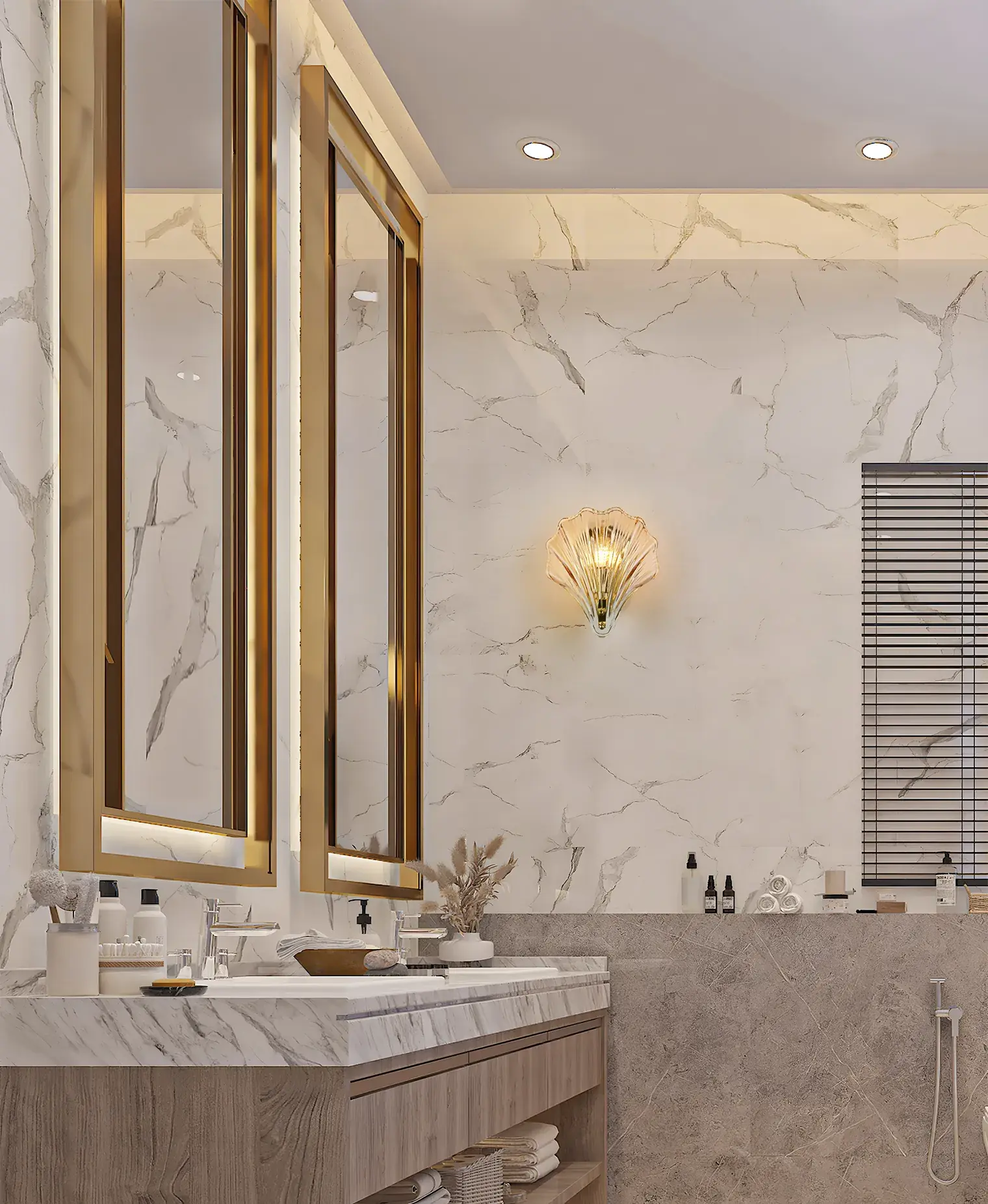 Foto 4 Shell 1Lt Wall Light, Satin Brass Metal & Amber Glass IP44